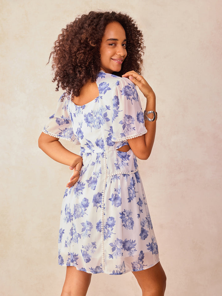 White Mini Fit And Flare Dress With Cut Out Detail