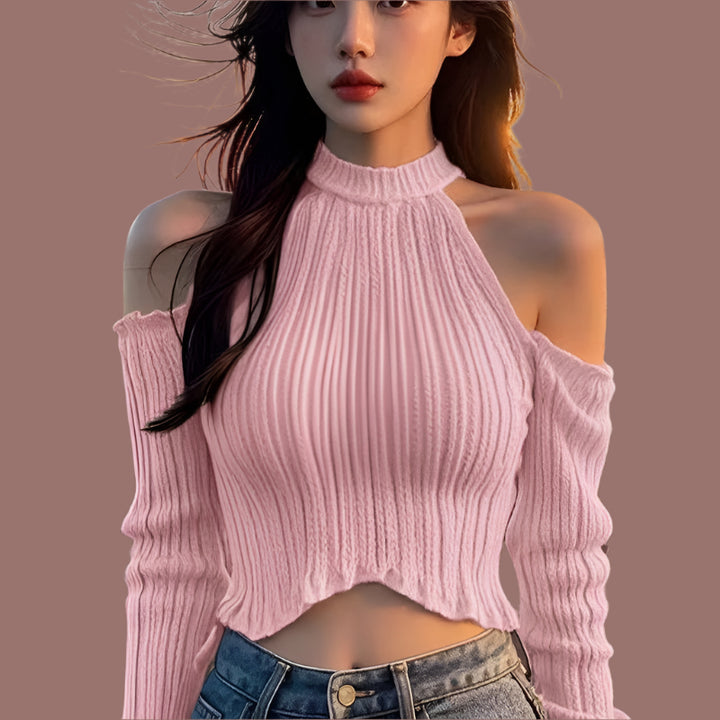 Pink Cold Shoulder Flat Knit Top