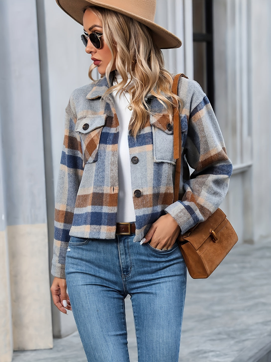 Blue Cropped Checkered Shacket