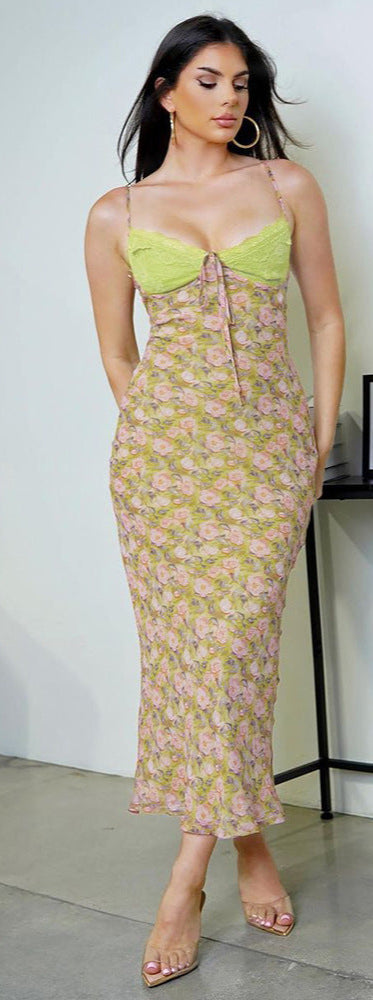 Green Printed Mesh Maxi Dress