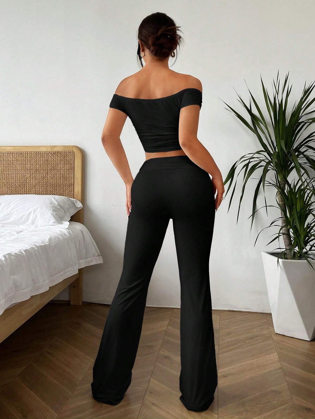 Black Off Shoulder Fitted Top And Pant Set