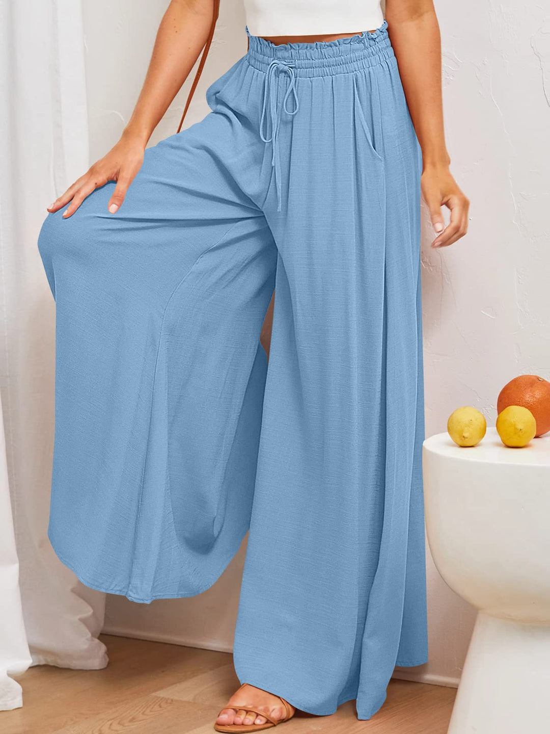 Blue Elasticated Waist Band Wide Leg Trouser