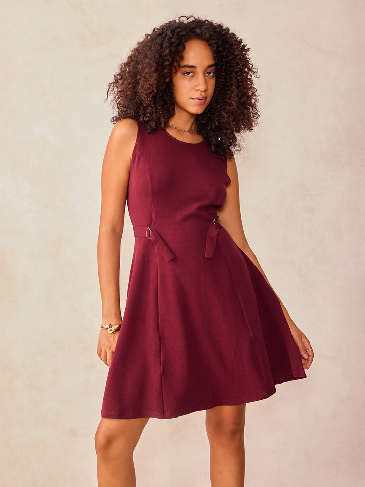 Wine Mini Flared Dress With Buckle Detail At Waist