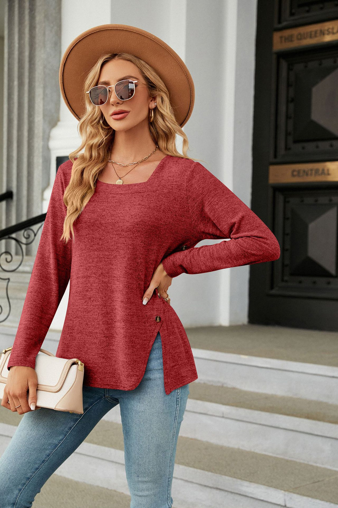 Red Full Sleeve Side Slit Top