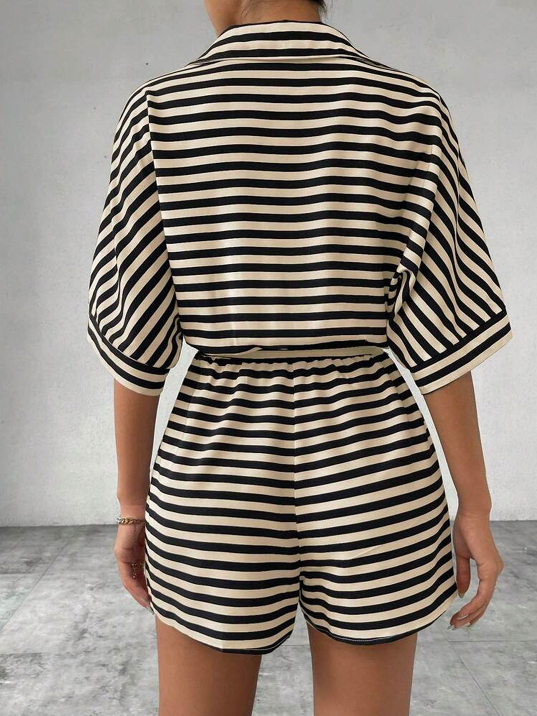Beige Striped Waist Tie-Up Jumpsuits