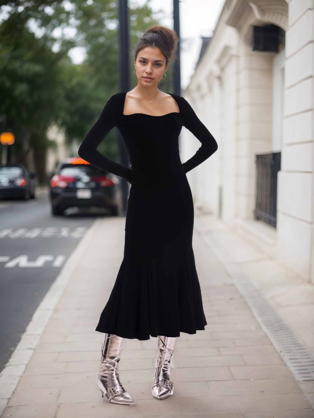 Black Full Sleeve Square Neck Dress