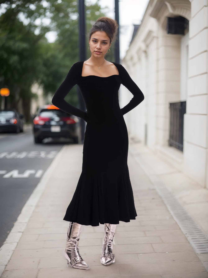 Black Full Sleeve Square Neck Dress