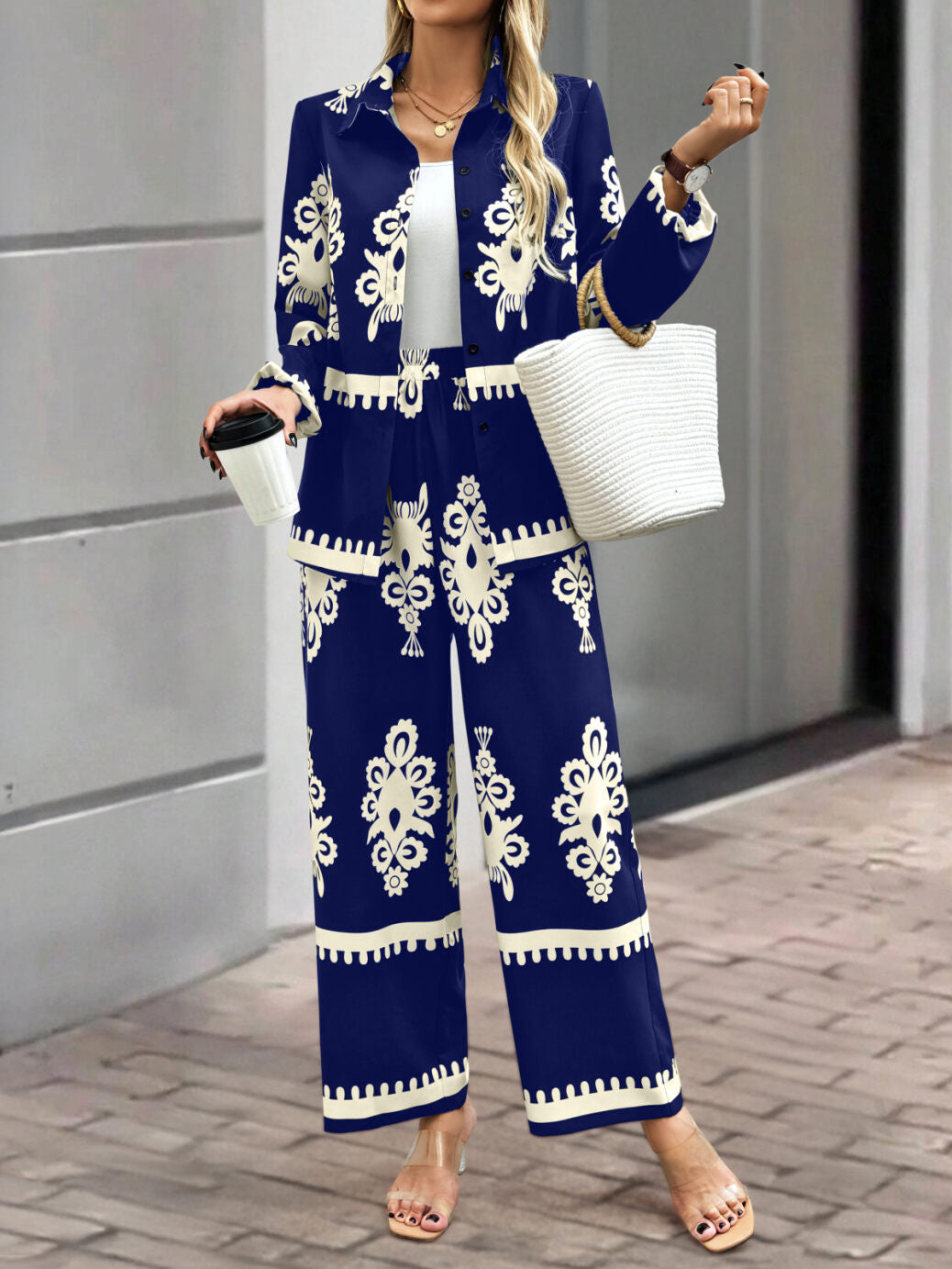 Blue Placement Print Shirt Trouser Co-ord Set