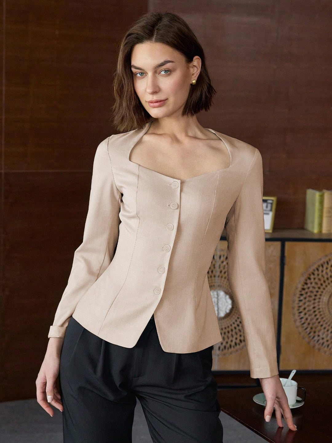 Beige Long Sleeve Front Button Top