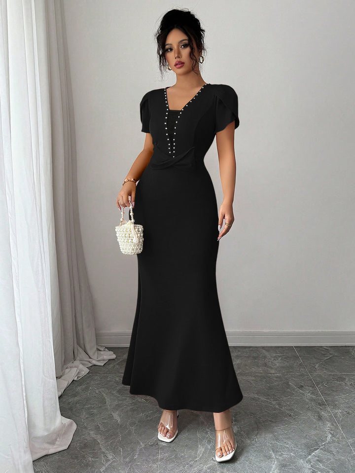 Black Petal Sleeve V-Neck Dress