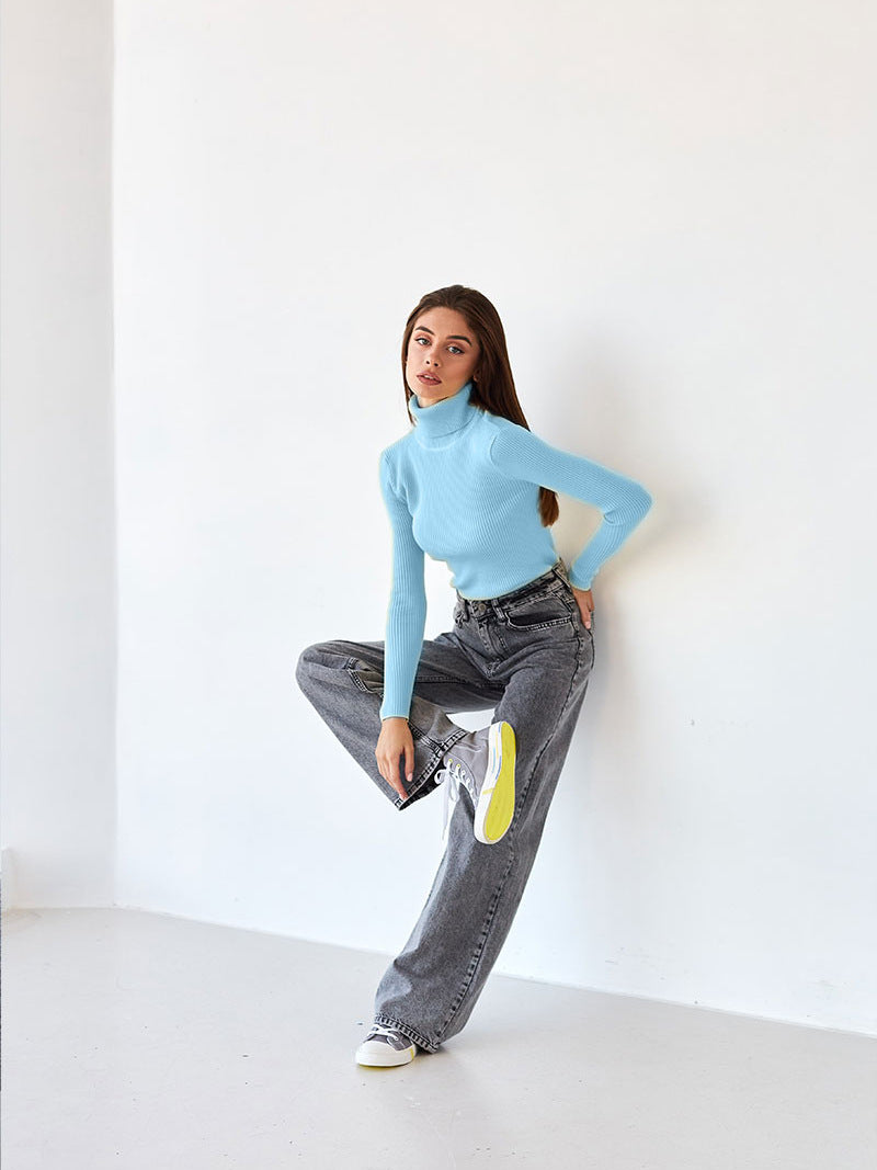 Navy Blue High Neck Fitted Sweater