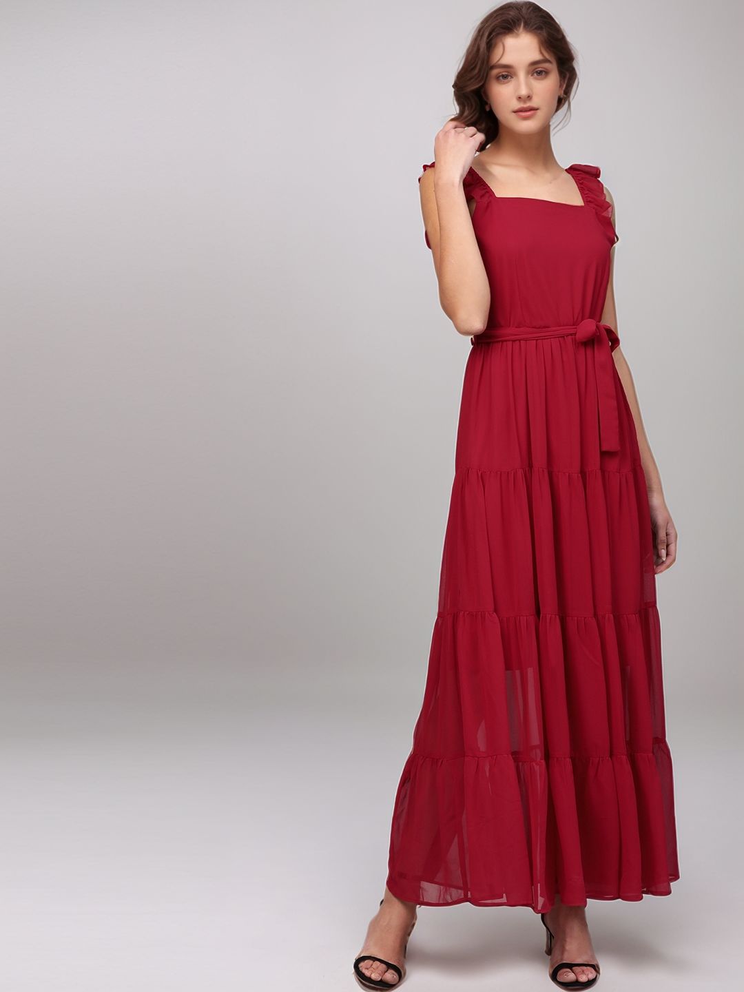 Red Shoulder Strap Waist Tie-Up Dress