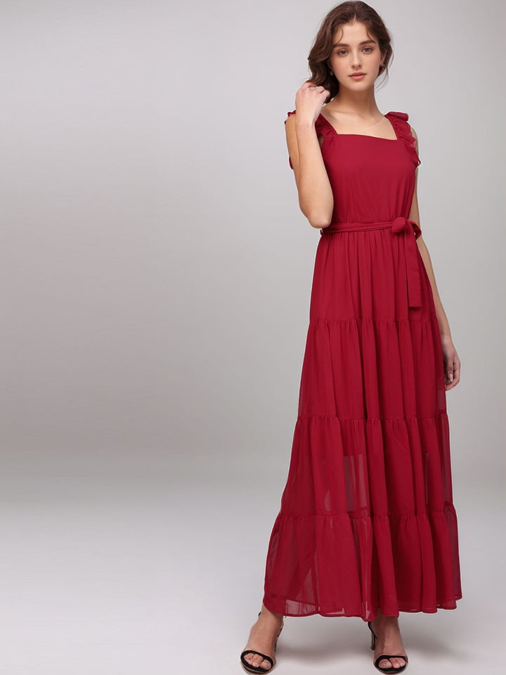 Red Shoulder Strap Waist Tie-Up Dress