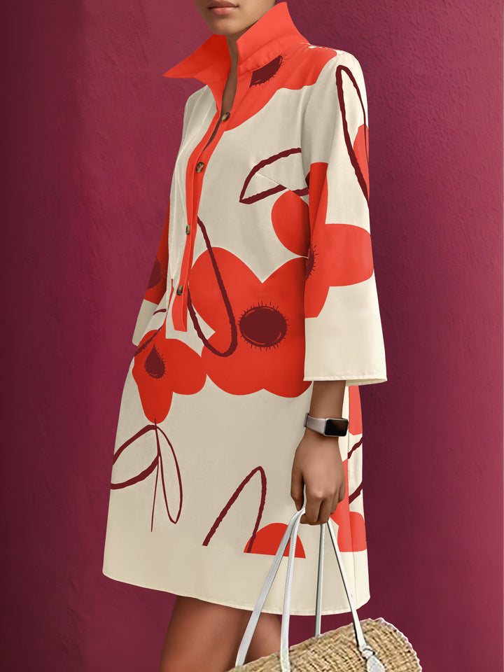 Beige Floral Printed Collared Neck Dress