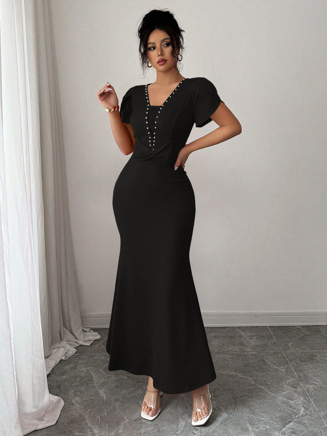 Black Petal Sleeve V-Neck Dress