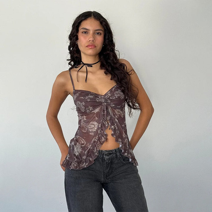 Khaki Printed Mesh Top