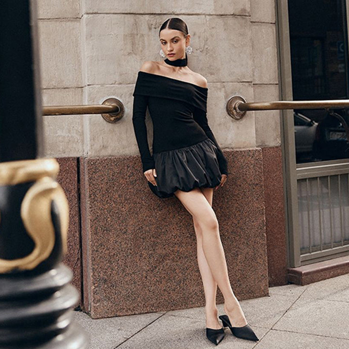 Black Off Shoulder Bubble Hem Dress
