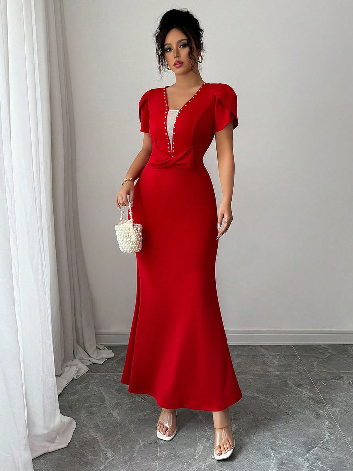 Red Petal Sleeve V-Neck Dress