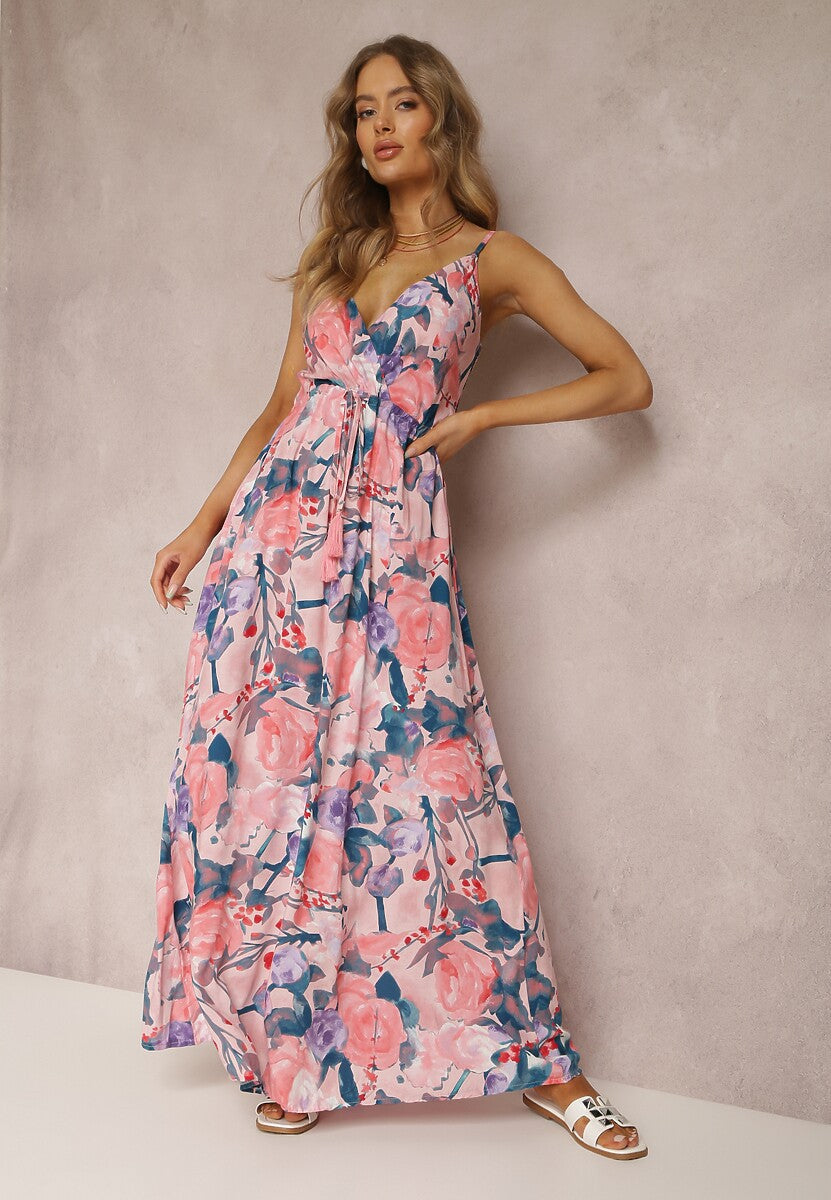 Pink Shoulder Strap V Neck Printed Dress