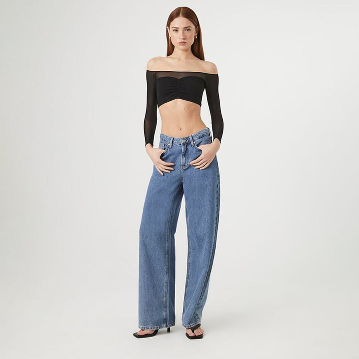 Black Off-Shoulder Smesh Top