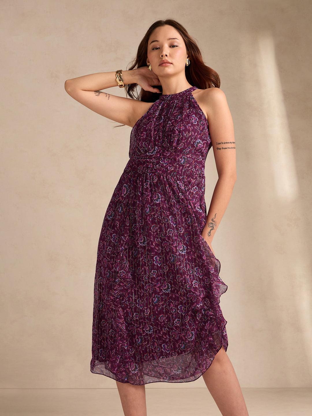 Purple High Neck Flared Dress With Delicate Floral Print