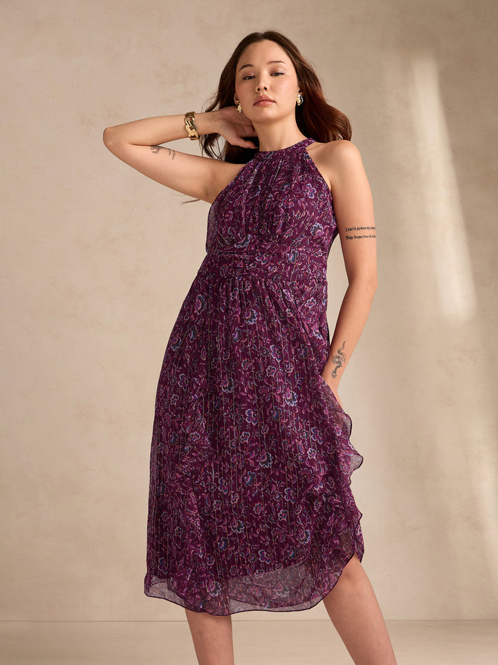 Purple High Neck Flared Dress With Delicate Floral Print