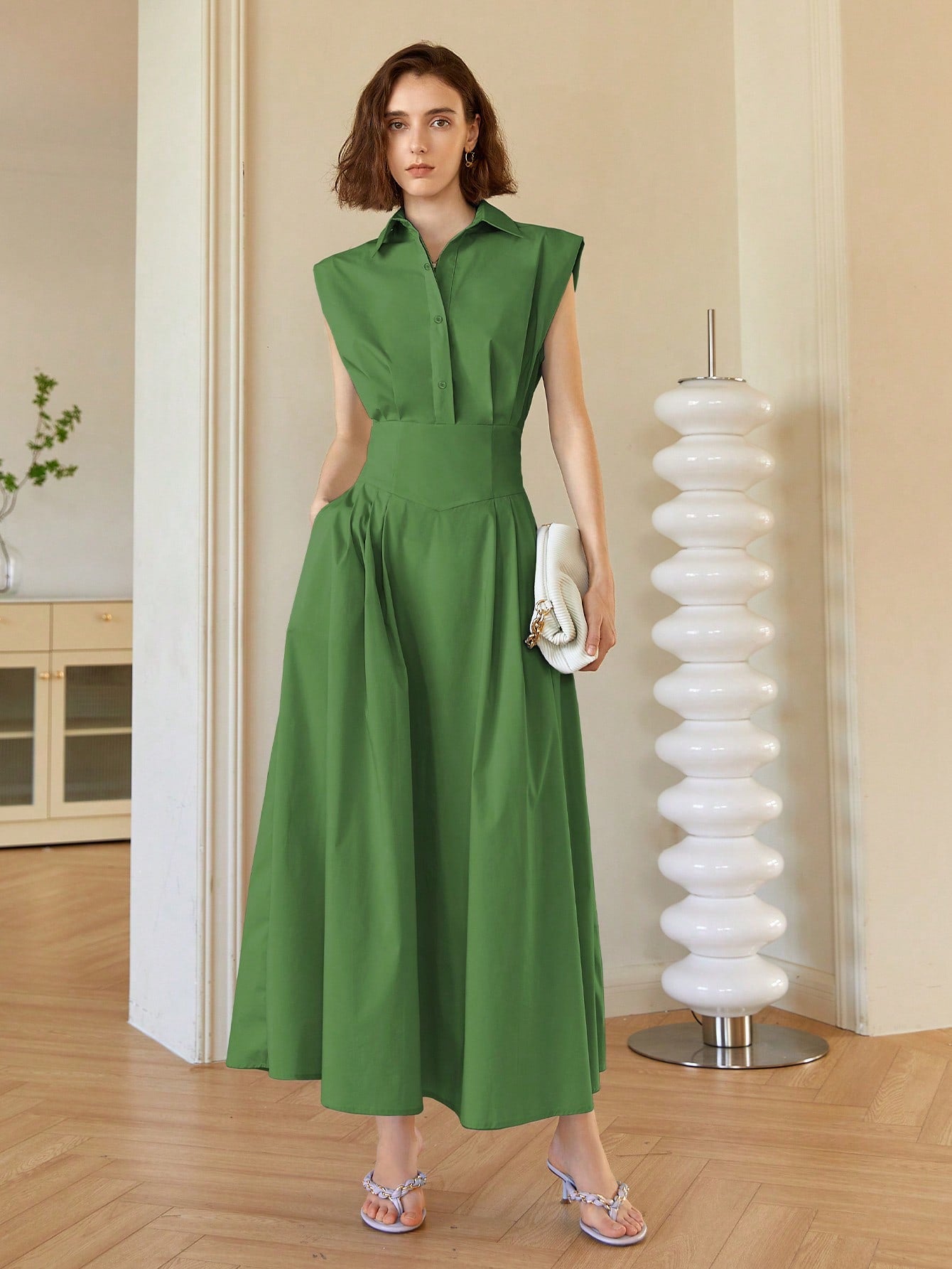 Green Front Button Shirt Style Sleeveless Dress