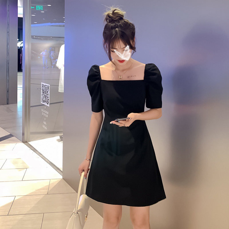 Black Square Neck Puff Sleeves Mini Dress