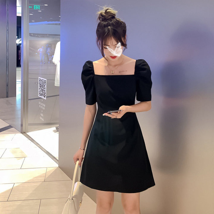 Black Square Neck Puff Sleeves Mini Dress