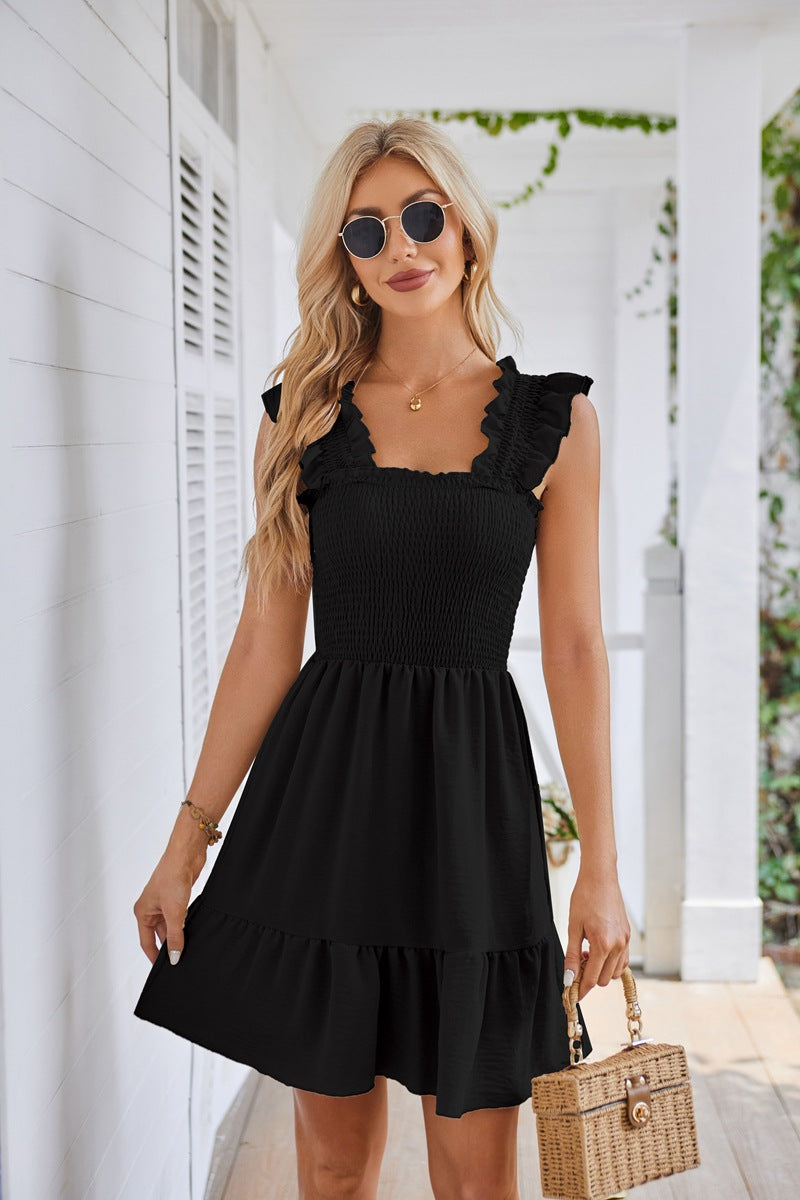 Black Ruffled Sleeves Tiered Solid Dress
