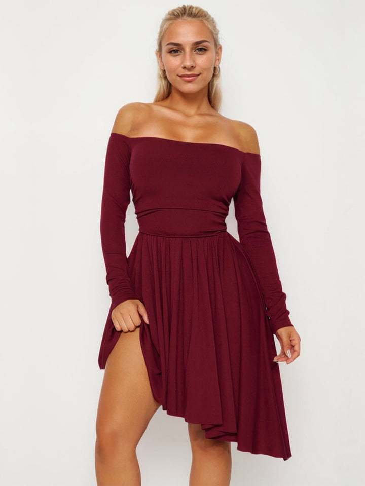 Burgundy Off-Shoulder Skater Pleated Dress