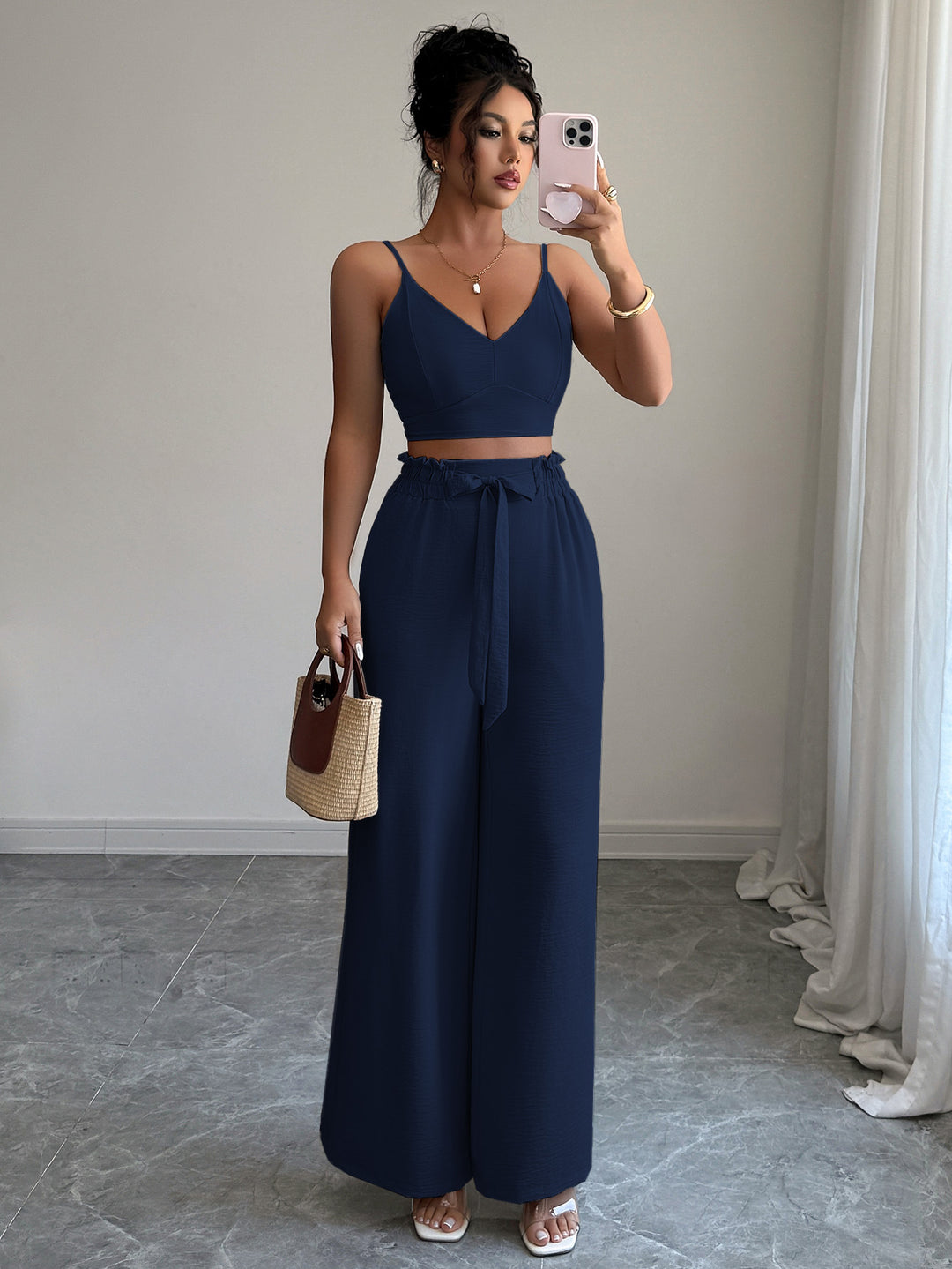 Navy Blue Cami Top And Pants Co-Ord Set