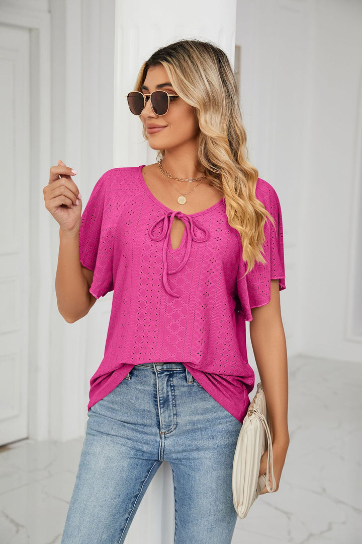 Pink Flared Sleeves Tie Up Top