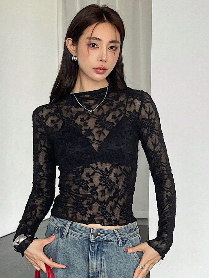 Black Full Sleeve High Neck Semi Sheer Top