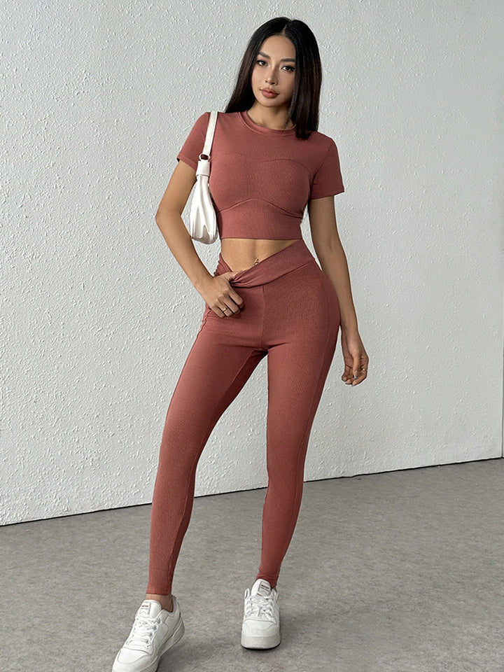 Brown Crop Top With Legging Coord Set
