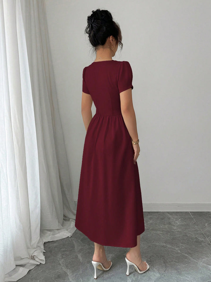 Wine Puff Sleeve Front Button Dress