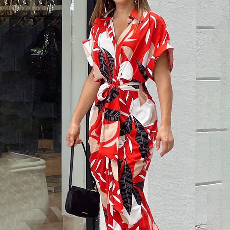 Red Printed Waist Tie Up Straight Fit Dress