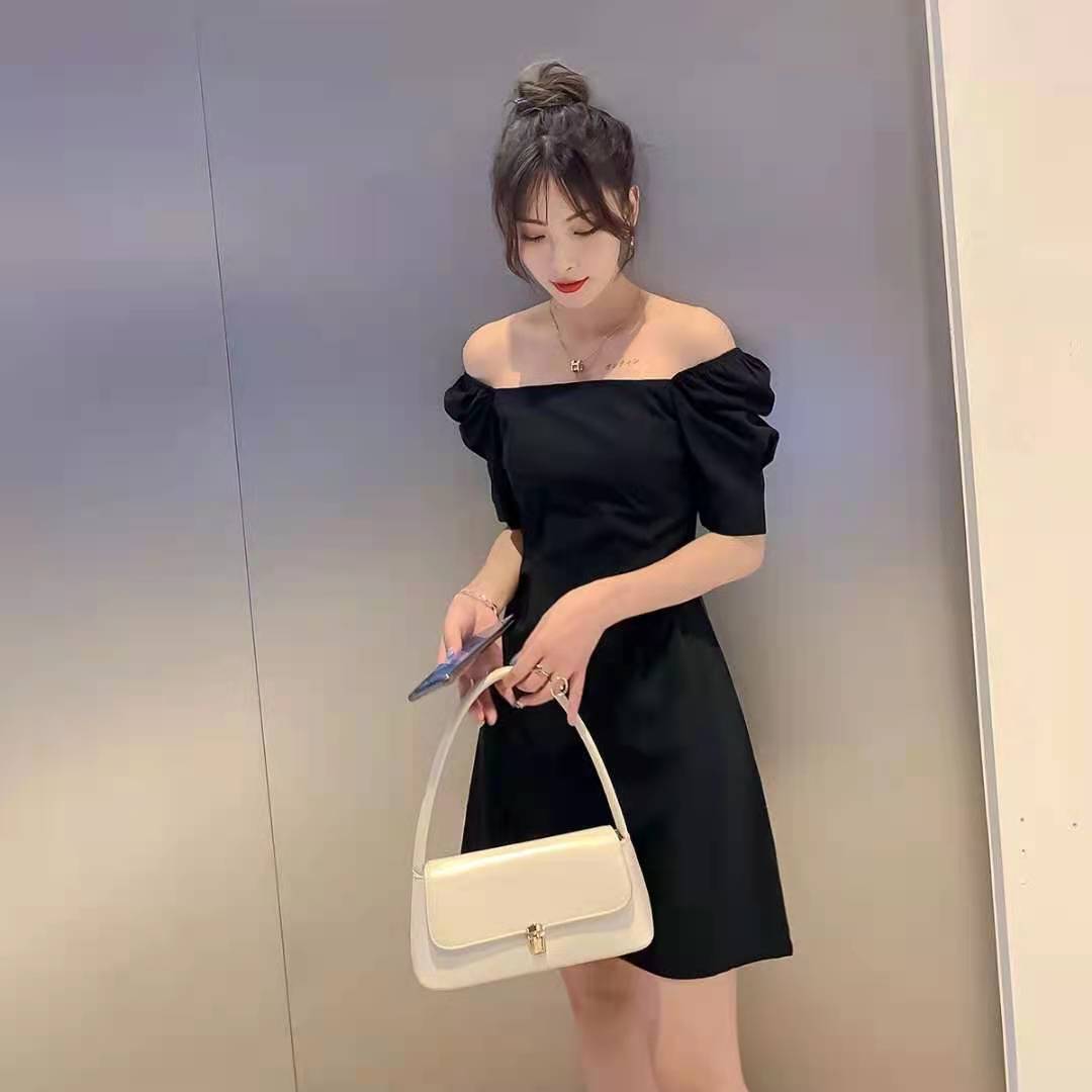Black Square Neck Puff Sleeves Mini Dress