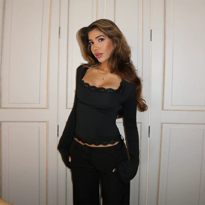 Black Scoop Neck Top With Lace Inserts