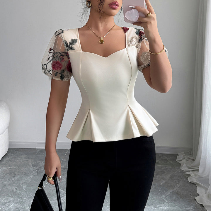 Off White Lace Sleeve Waist Detail Top