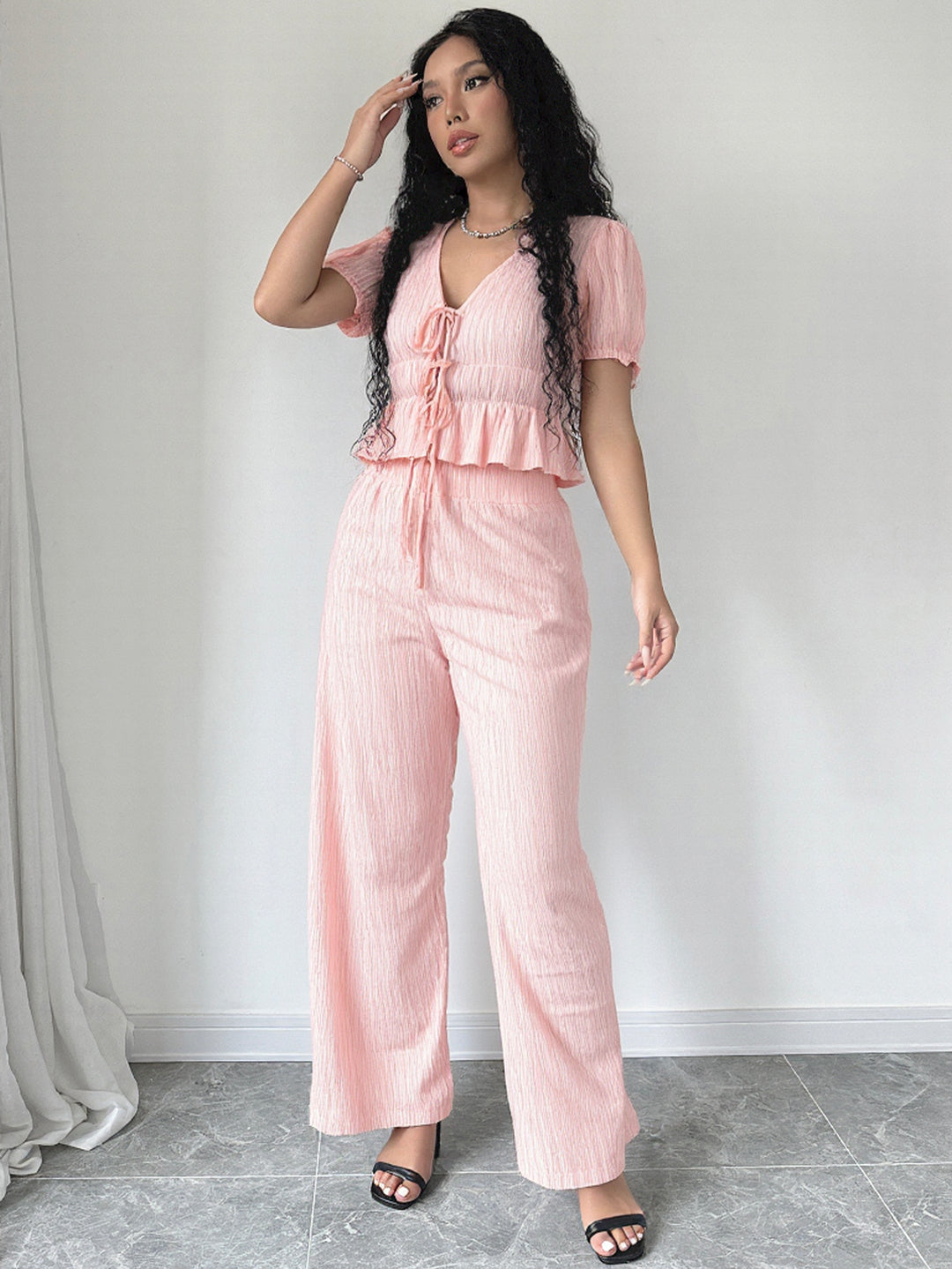Pink Puff Sleeved Top And Pants Co-Ord Set