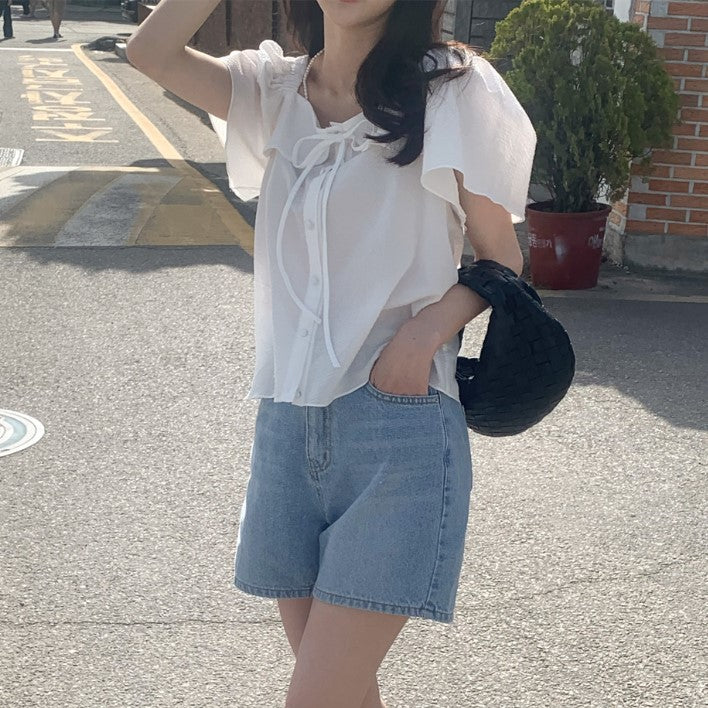 White Bow Detailed Sheer Top