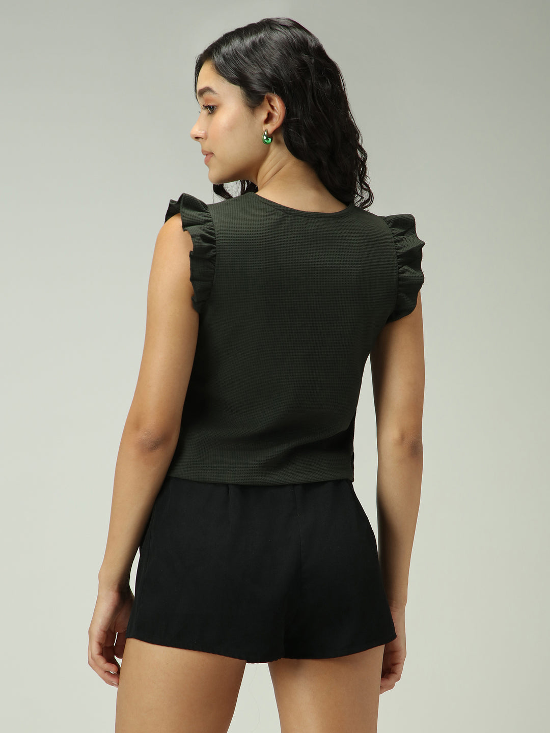 Olive V Neck Ruffled Short Sleeves Top