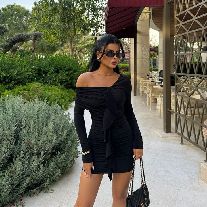 Solid Black One Shoulder Ruched Dress