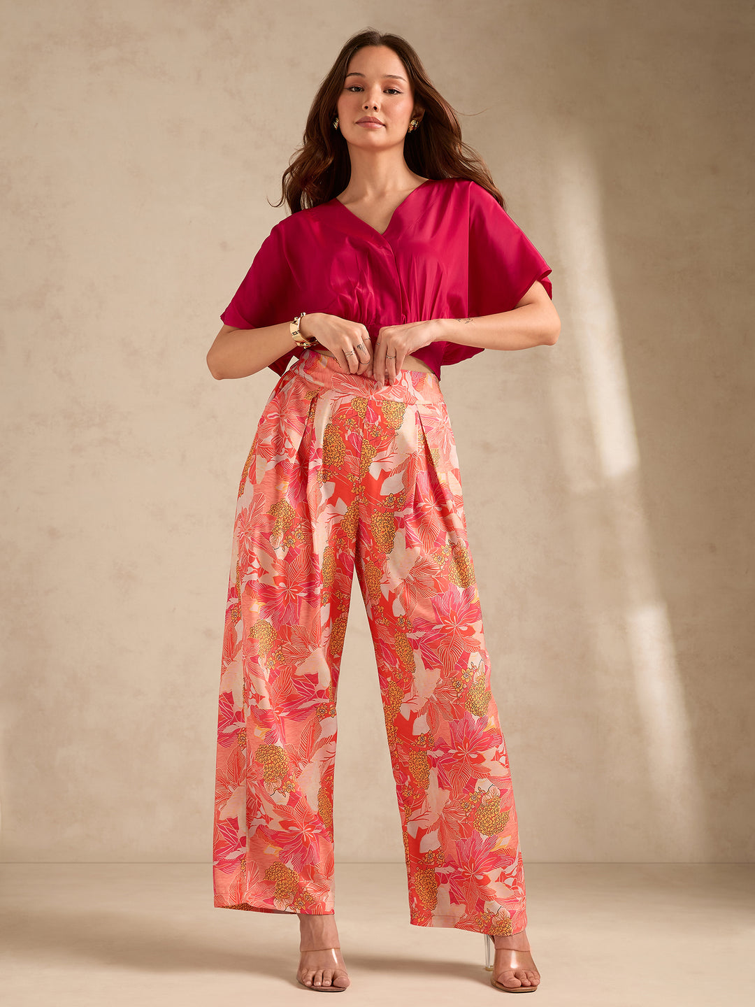 Pink Printed Solid Top With High Rise Wide Leg Trouser Co-Ord Set