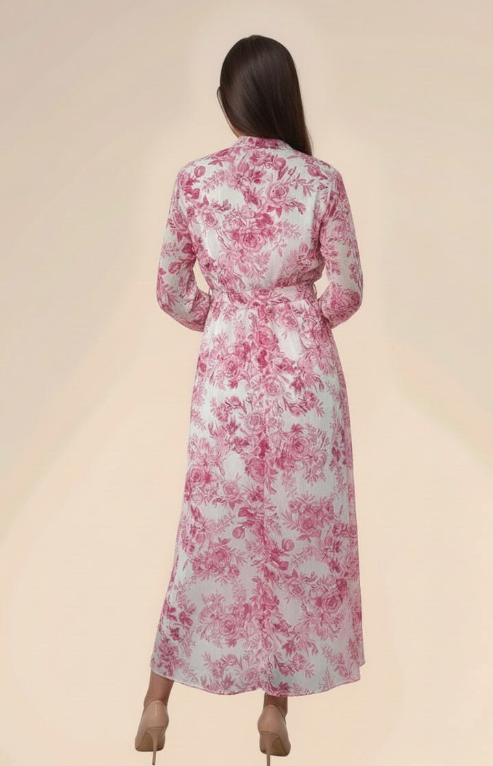 Pink Printed Flared Dress With Halter Neck With Belt Detail