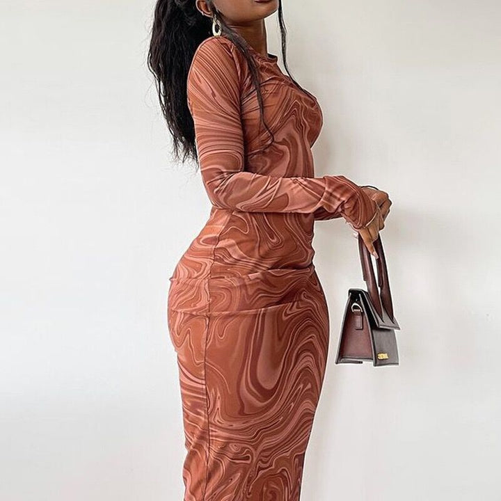 Brown Marble Print Bodycon Dress