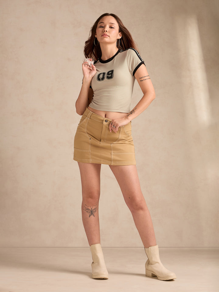 Beige Graphic Fitted T-Shirt