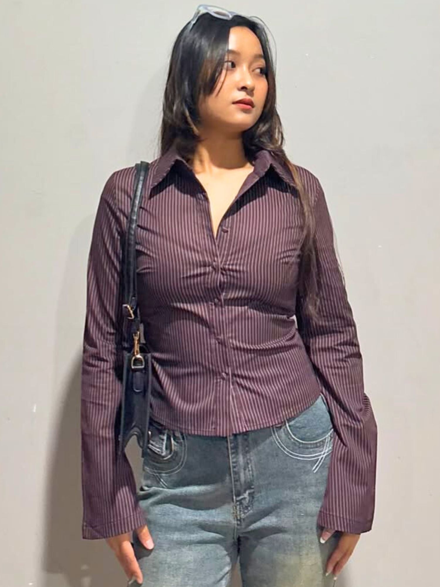 Buttoned Striped Bell Sleeve Shirt