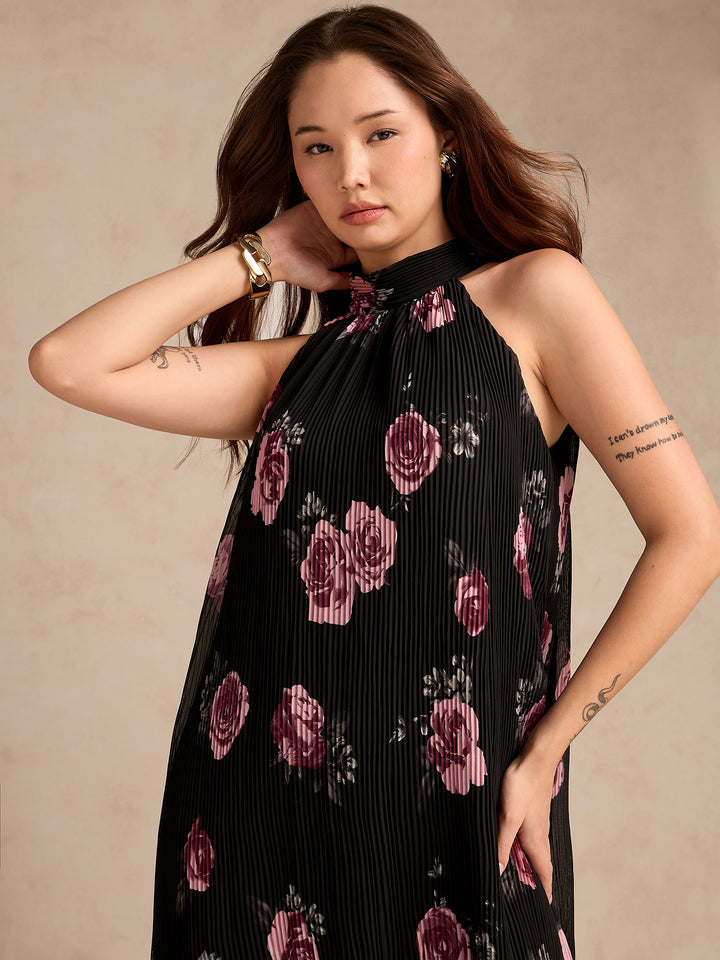 Black Halter Neck Floral Printed Dress